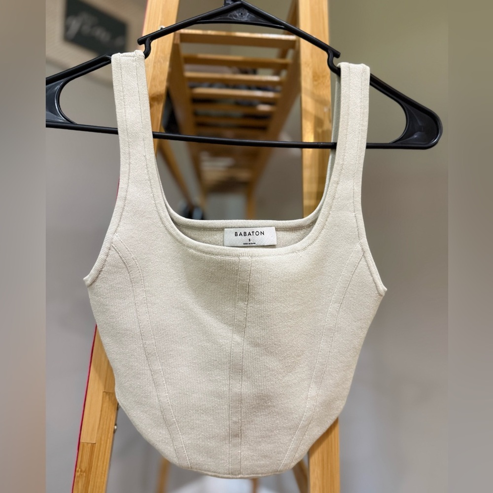 Babaton Ivory Ribbed Square-Neck Tank, Size S